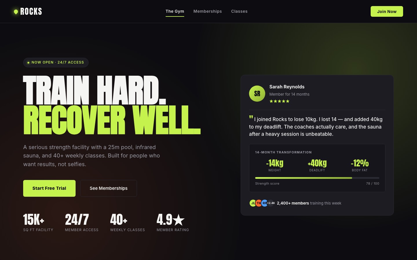 ROCKS Gym's black and lime website with training and membership information