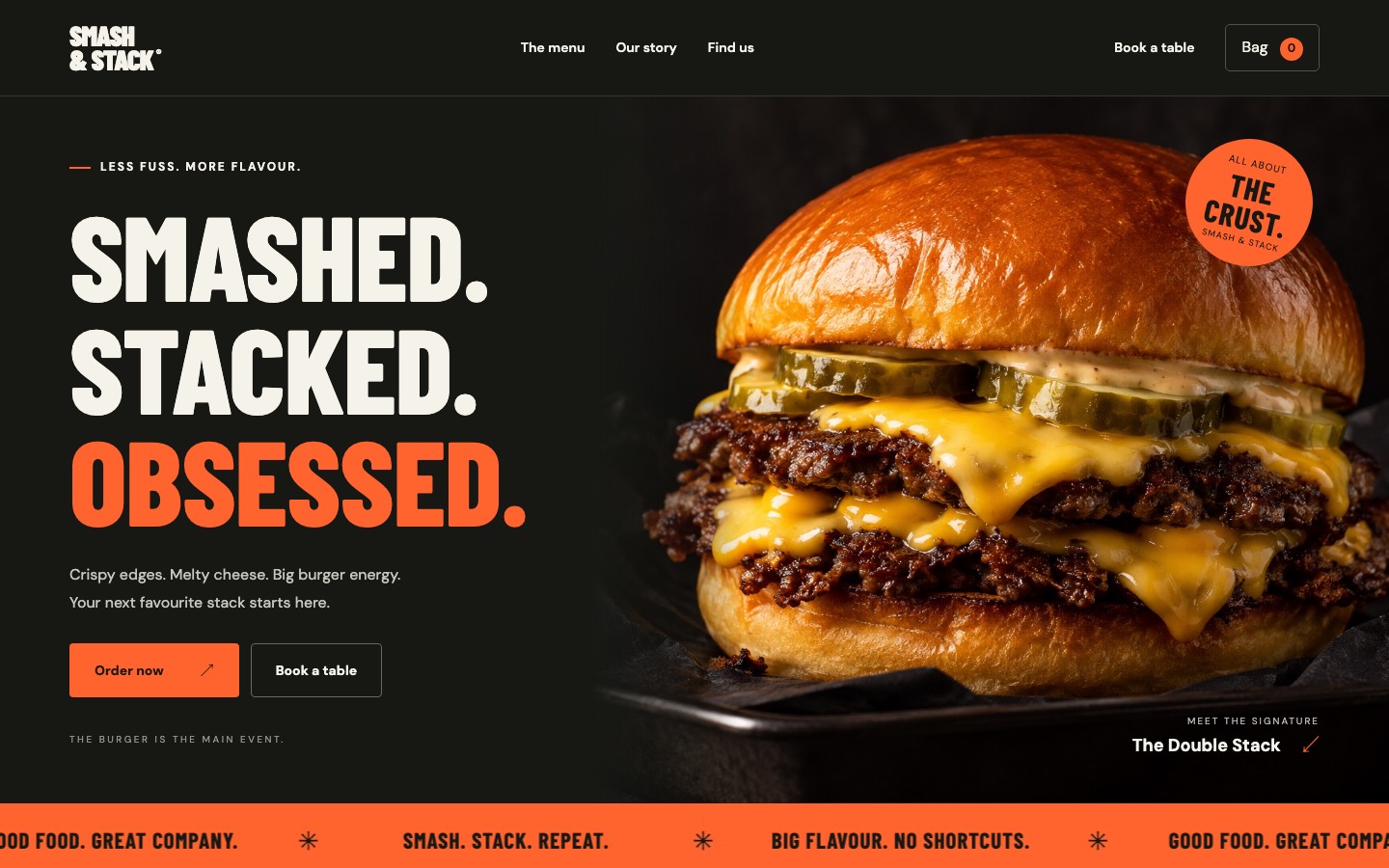Smash and Stack burger website with a close-up of its signature burger
