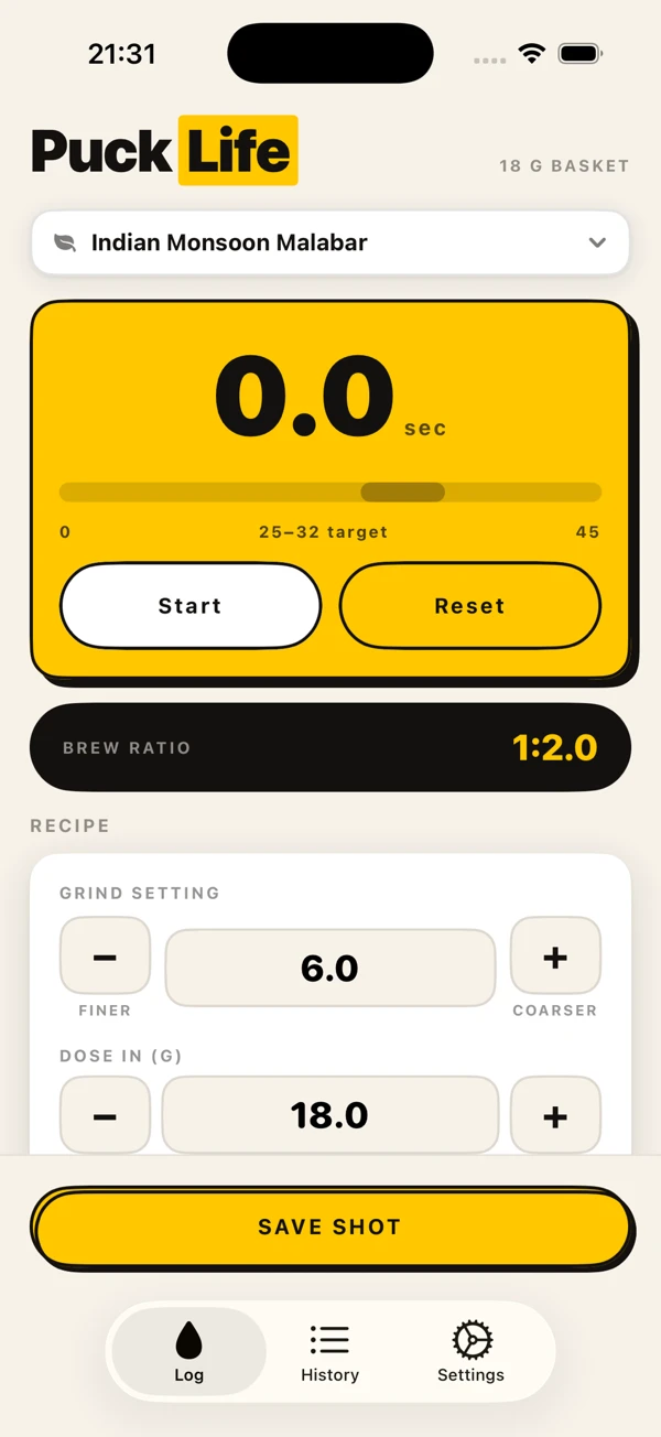 Genuine Puck Life logging screen, showing the shot timer and recipe controls